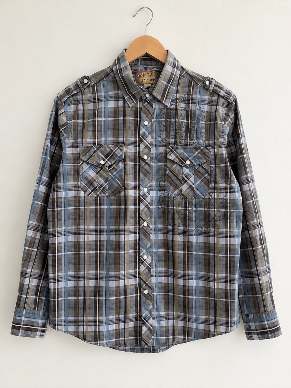 R-Vintage Western Plaid Snap Button Shirt Men’s Size L Cotton Long Sleeve